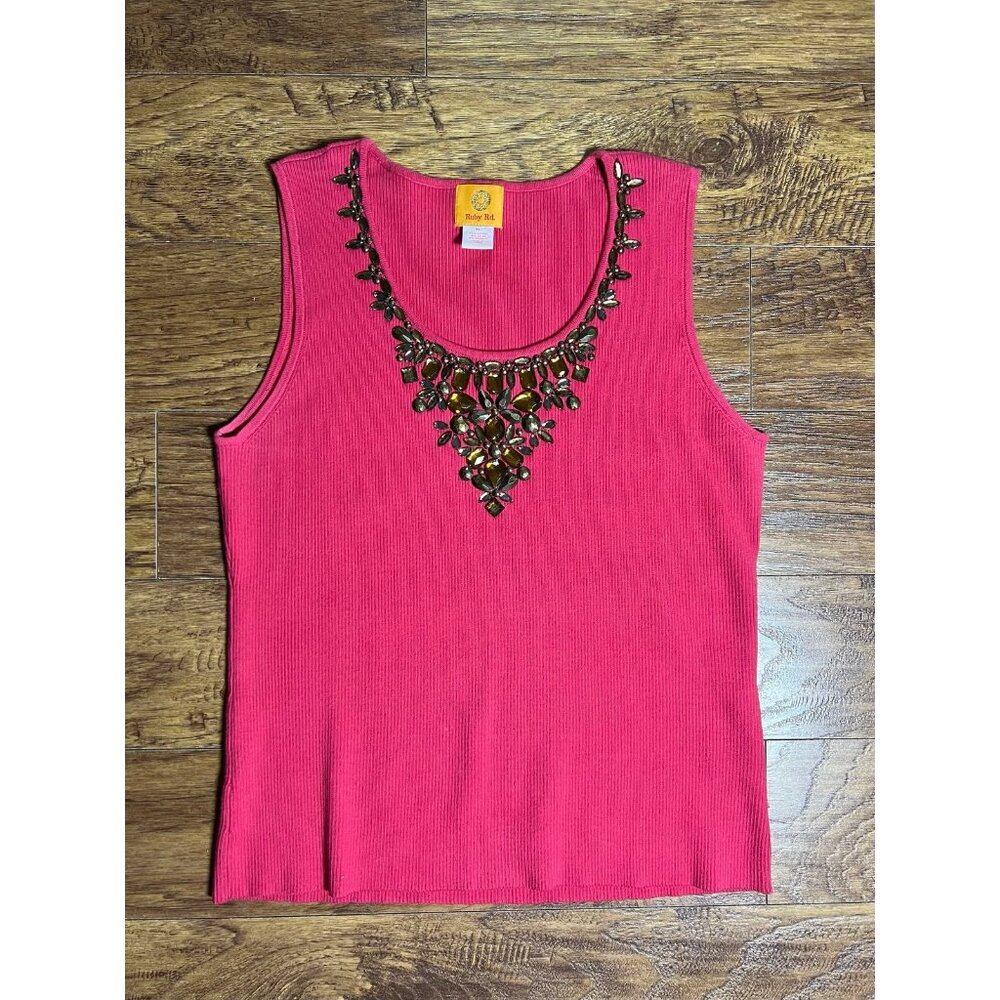 Ruby Rd Women's Size XL Pinkish-Red Rib Knit Beaded Neck Pullover Tank Top